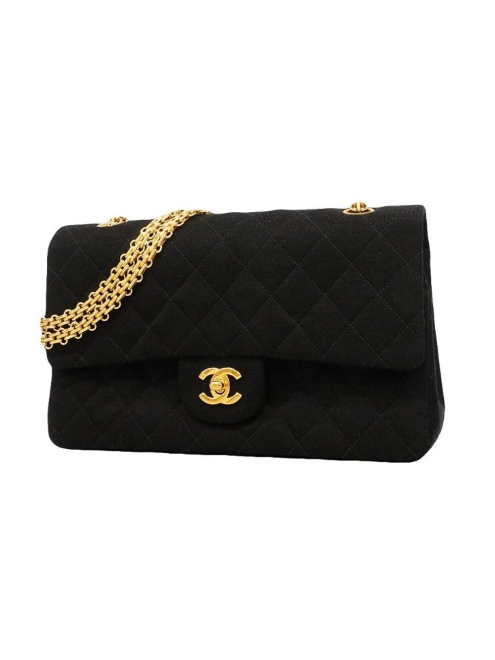 Chanel Shoulder Bag Quilted Cotton Black Gold